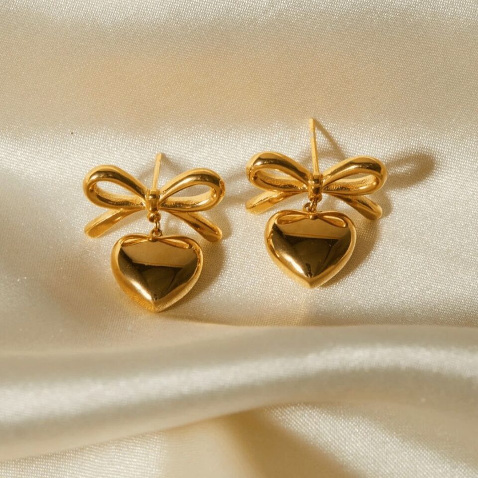 Golden Bow Heart Earrings